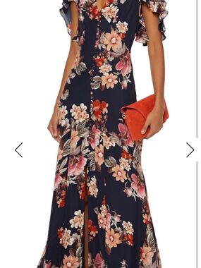 NICHOLAS Navy Floral V-Neck Maxi Dress with Flutter Sleeves
